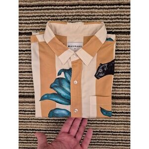 Mavrans Mens Small Tan Panther Tropical Leaf Short Sleeve Button Down Shirt